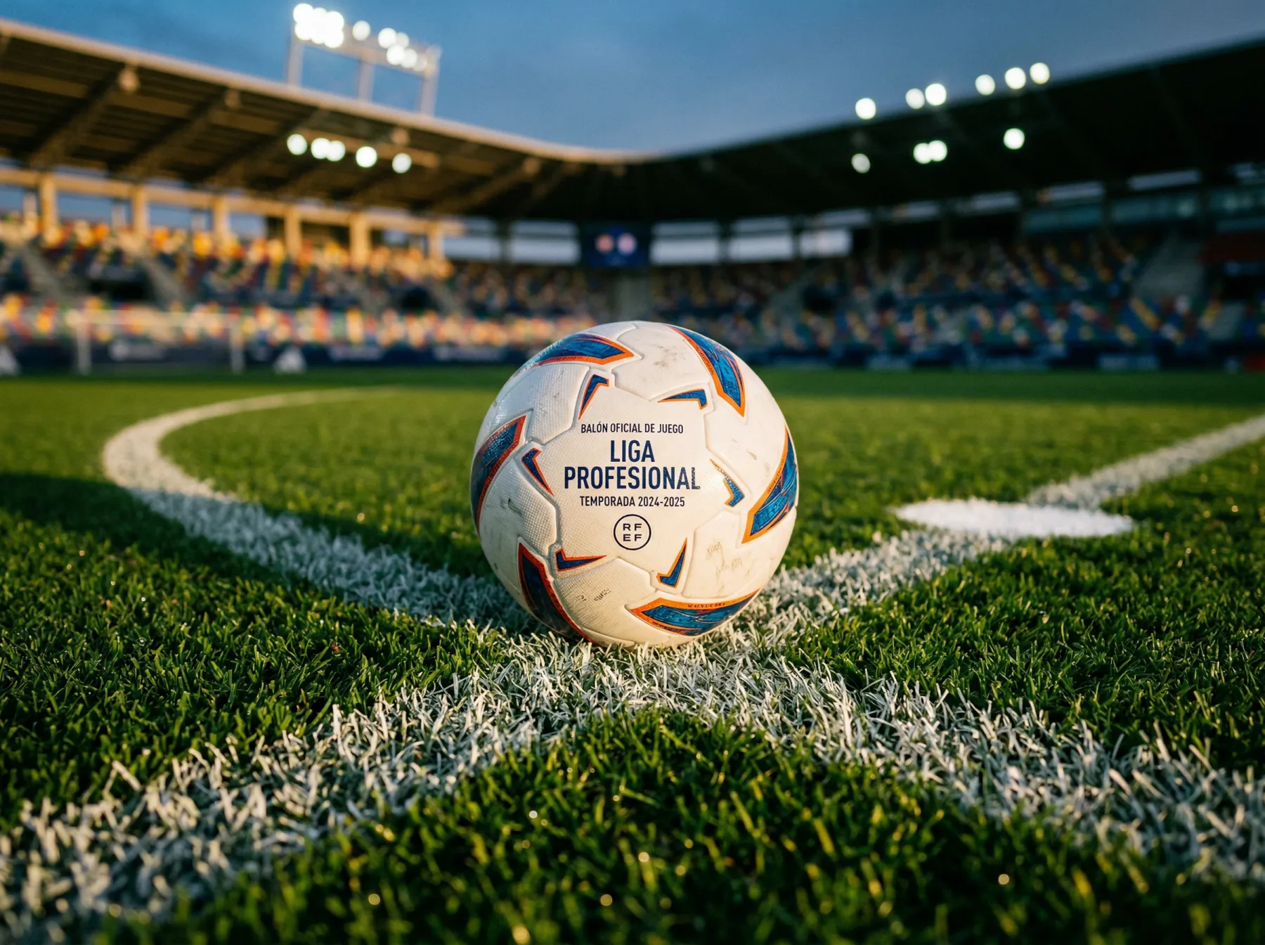 Balón oficial de fútbol sobre el césped de un estadio con las líneas del campo marcadas antes de un partido