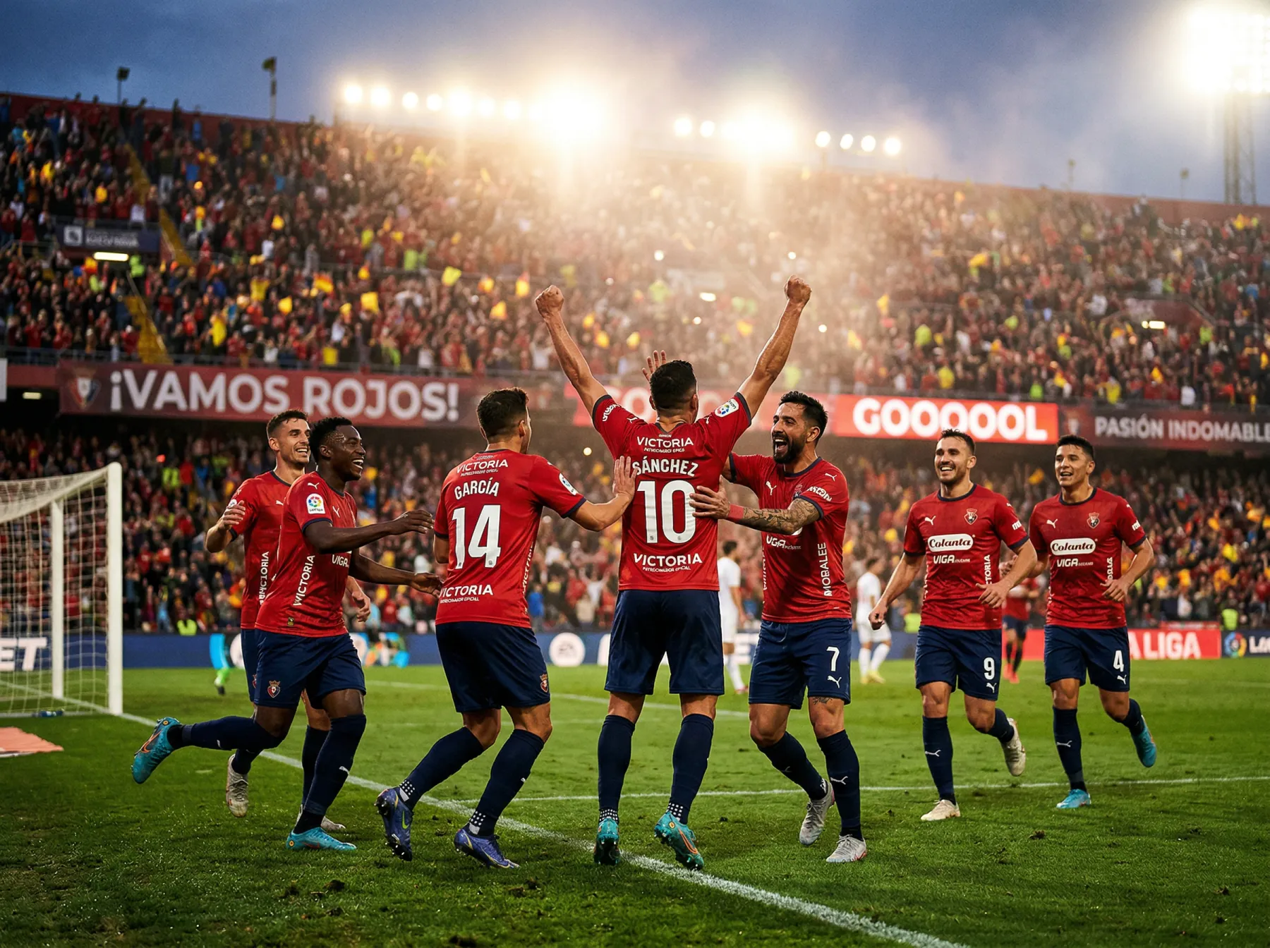 Jugadores de la selección española celebrando un gol con la camiseta roja en un estadio lleno de aficionados